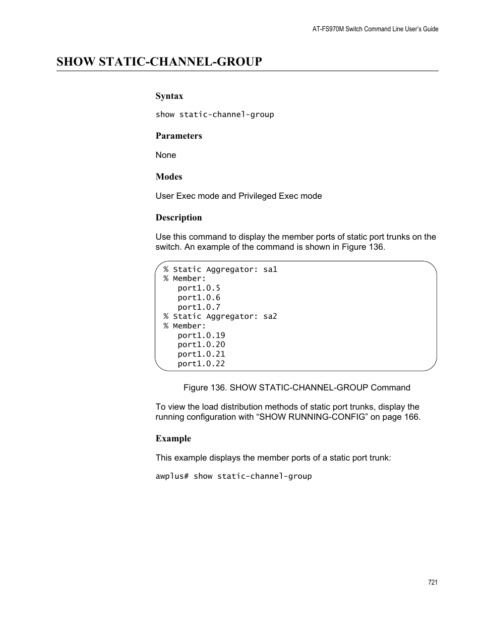 Show static-channel-group, Figure 136. show static-channel-group command | Allied Telesis AT-FS970M Series User Manual | Page 721 / 1938