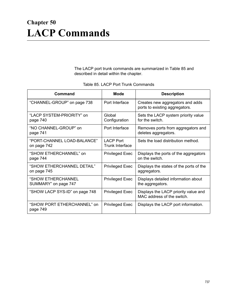 Chapter 50, Lacp commands, Table 85. lacp port trunk commands | Allied Telesis AT-FS970M Series User Manual | Page 737 / 1938