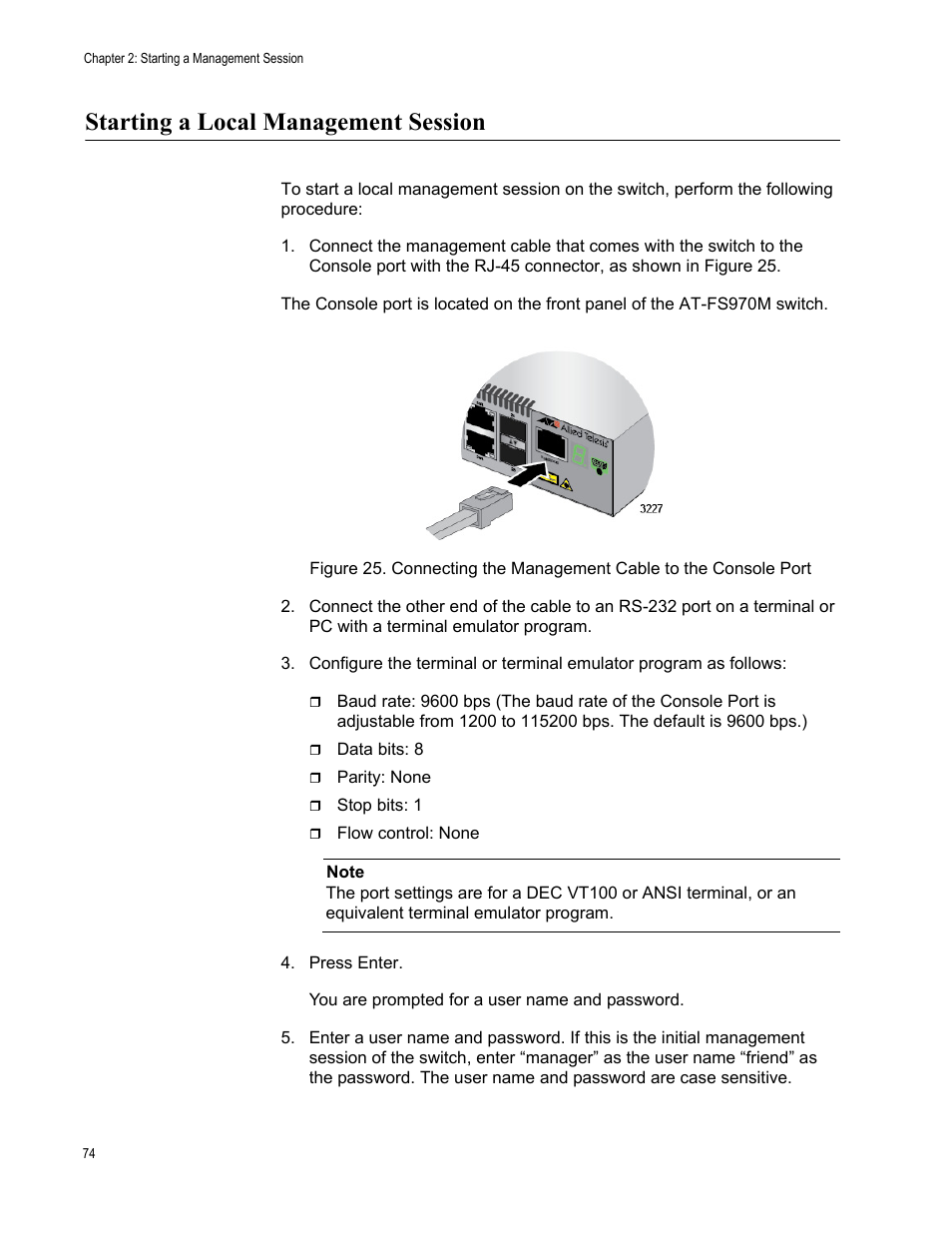 Starting a local management session | Allied Telesis AT-FS970M Series User Manual | Page 74 / 1938