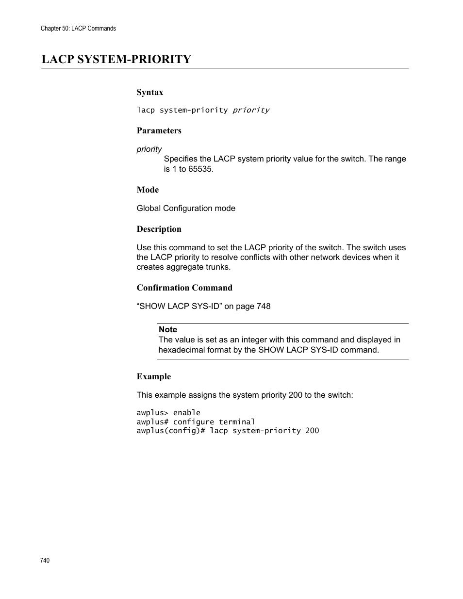 Lacp system-priority | Allied Telesis AT-FS970M Series User Manual | Page 740 / 1938