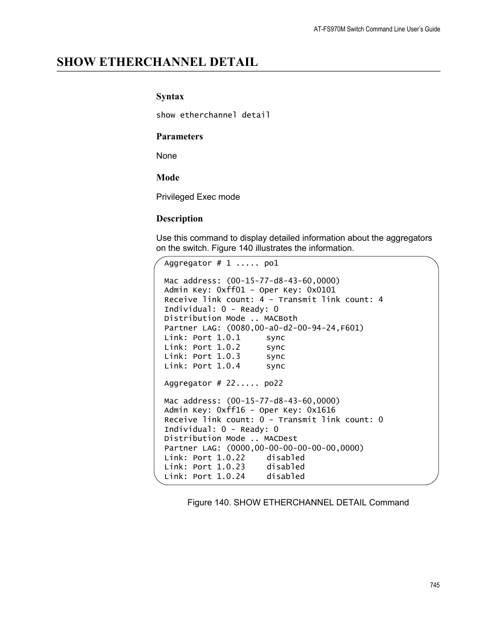 Show etherchannel detail, Figure 140. show etherchannel detail command | Allied Telesis AT-FS970M Series User Manual | Page 745 / 1938