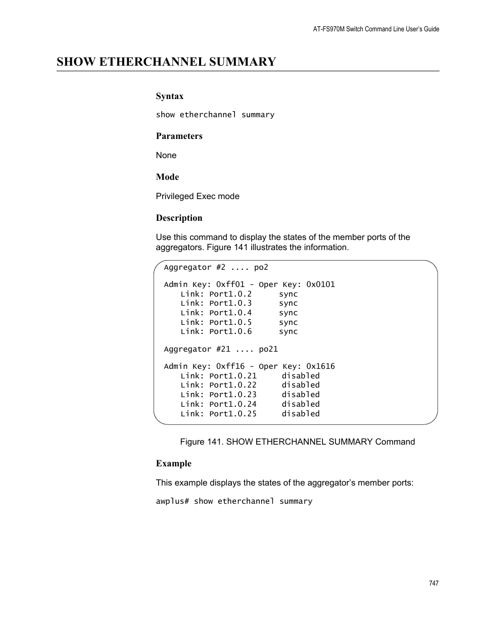Show etherchannel summary, Figure 141. show etherchannel summary command | Allied Telesis AT-FS970M Series User Manual | Page 747 / 1938