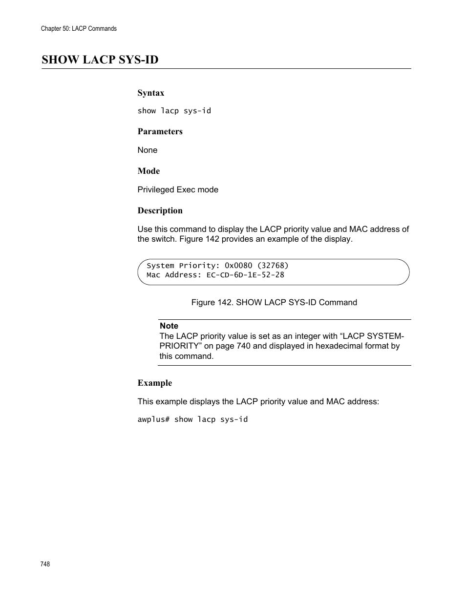 Show lacp sys-id, Figure 142. show lacp sys-id command | Allied Telesis AT-FS970M Series User Manual | Page 748 / 1938
