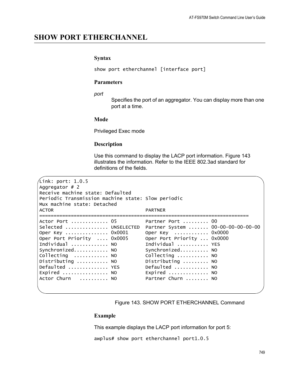 Show port etherchannel, Figure 143. show port etherchannel command | Allied Telesis AT-FS970M Series User Manual | Page 749 / 1938
