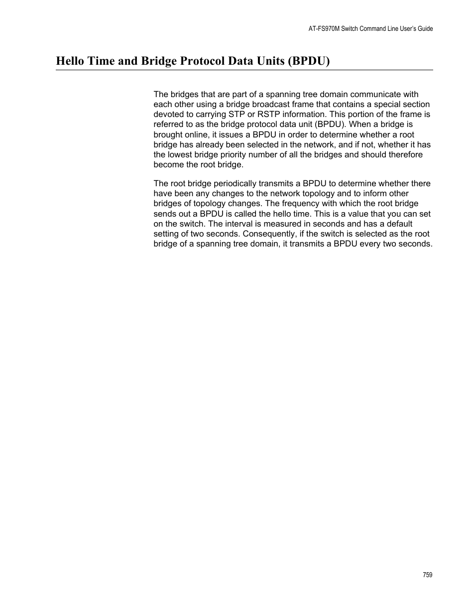Hello time and bridge protocol data units (bpdu) | Allied Telesis AT-FS970M Series User Manual | Page 759 / 1938