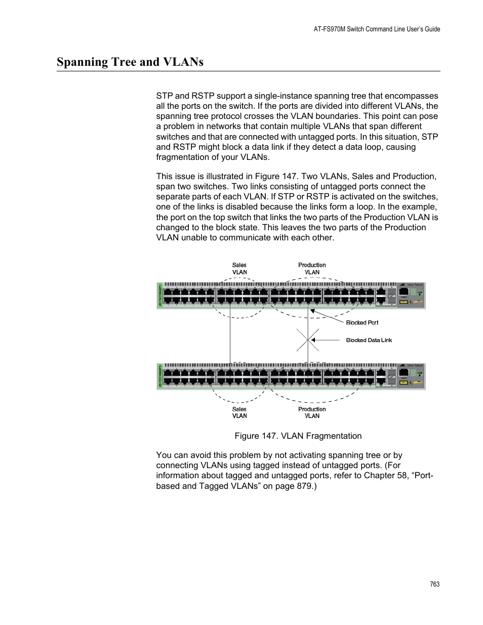 Spanning tree and vlans, Figure 147. vlan fragmentation | Allied Telesis AT-FS970M Series User Manual | Page 763 / 1938
