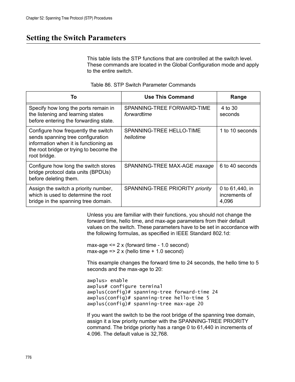Setting the switch parameters, Table 86. stp switch parameter commands | Allied Telesis AT-FS970M Series User Manual | Page 776 / 1938