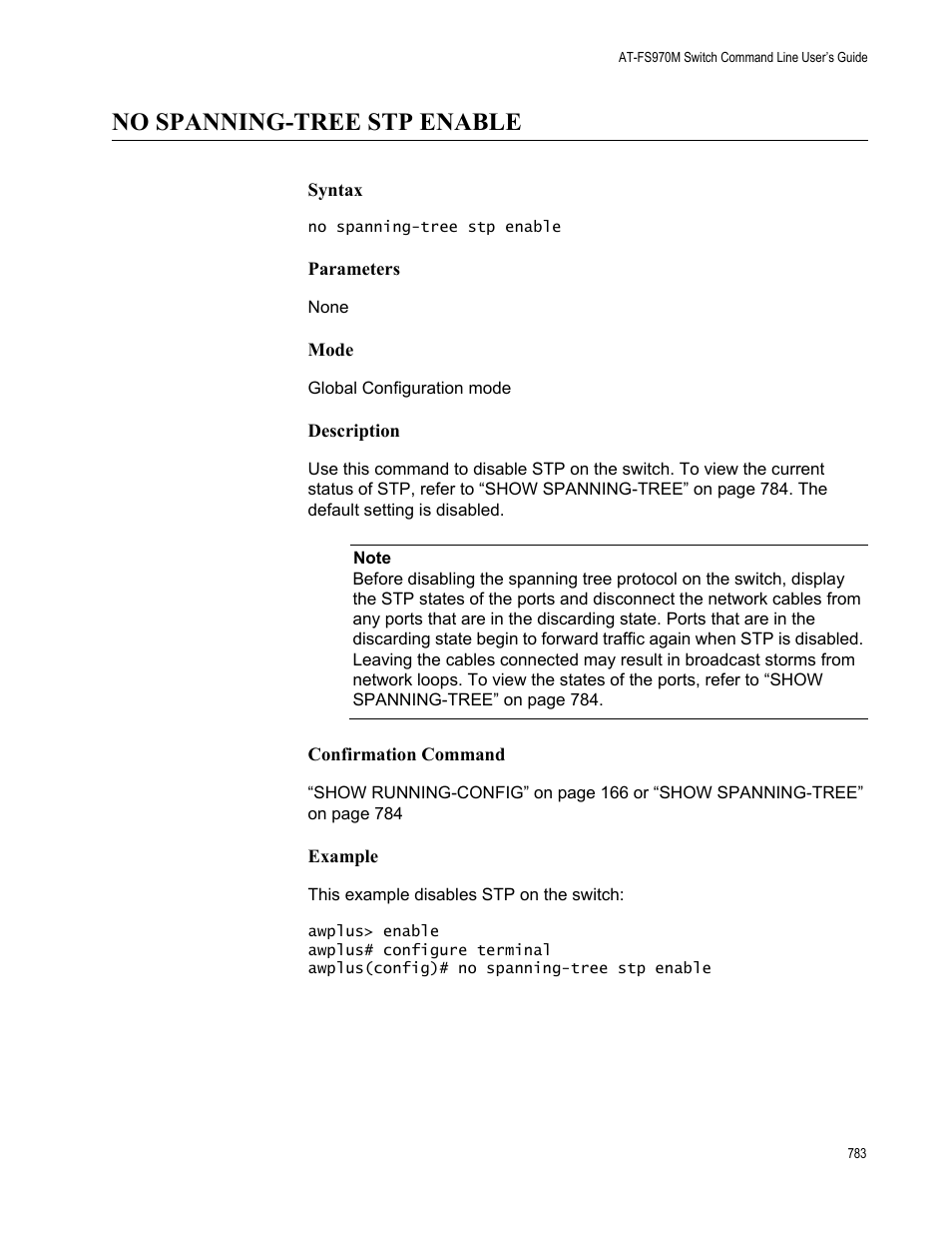 No spanning-tree stp enable | Allied Telesis AT-FS970M Series User Manual | Page 783 / 1938