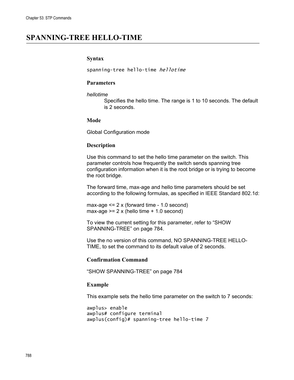 Spanning-tree hello-time | Allied Telesis AT-FS970M Series User Manual | Page 788 / 1938