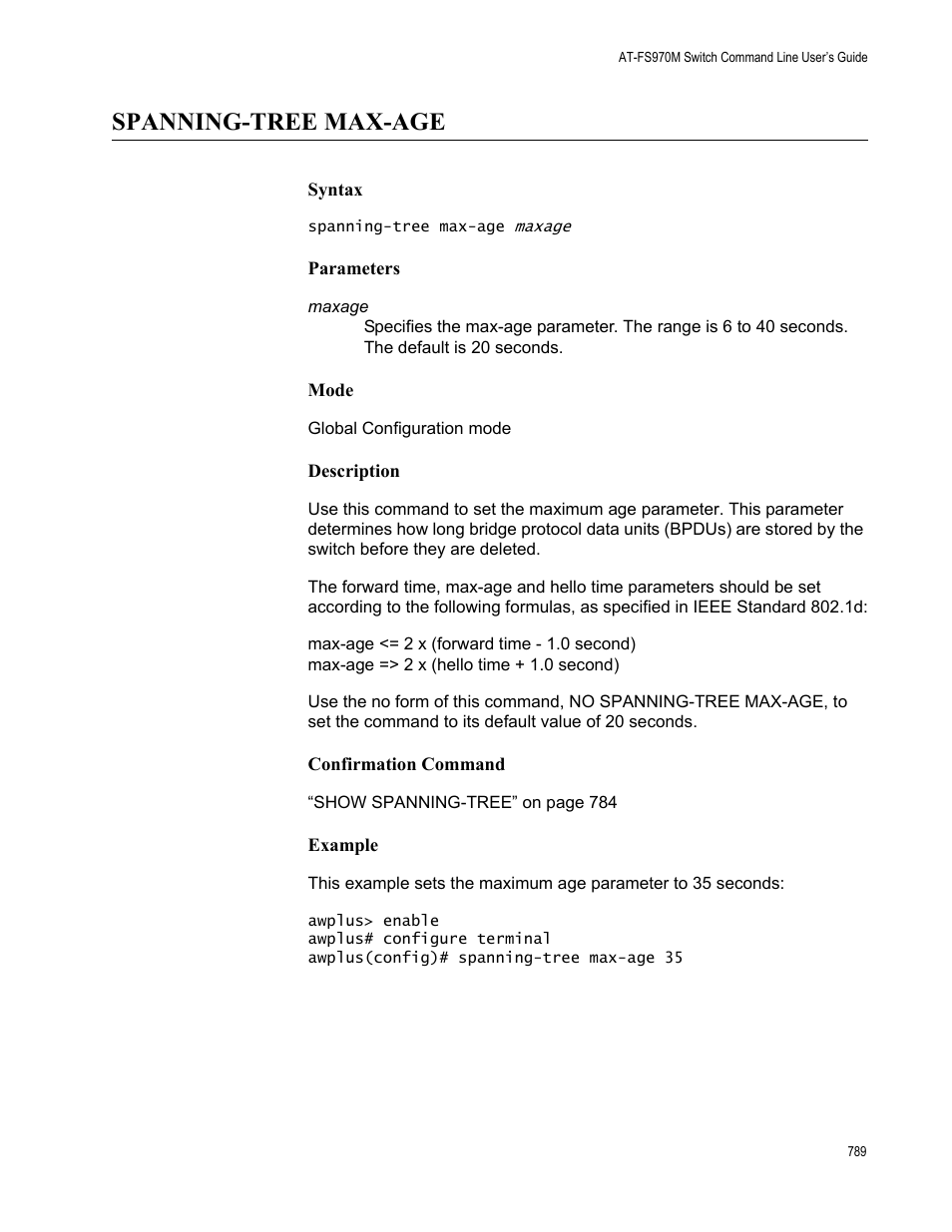 Spanning-tree max-age | Allied Telesis AT-FS970M Series User Manual | Page 789 / 1938