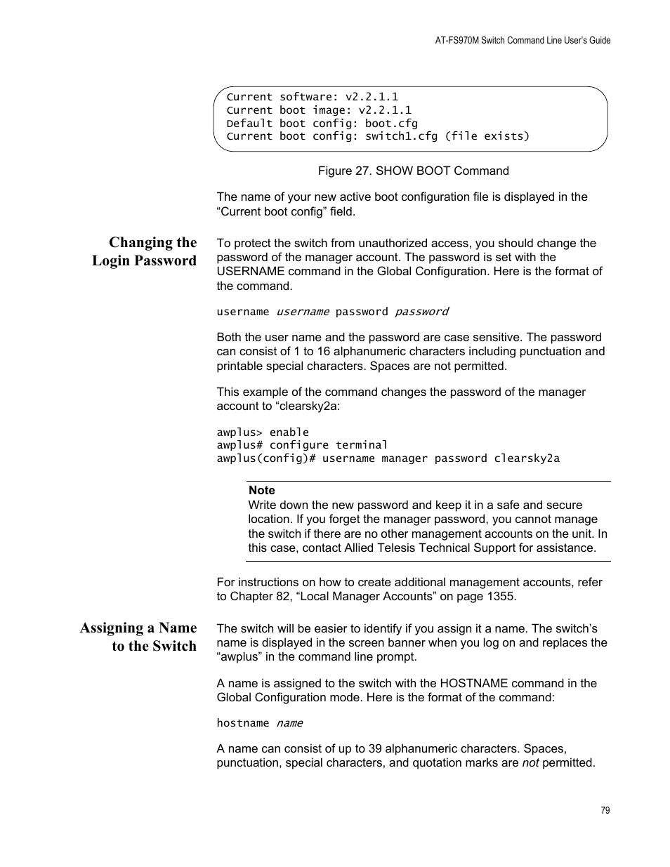 Changing the login password, Assigning a name to the switch, Figure 27. show boot command | Allied Telesis AT-FS970M Series User Manual | Page 79 / 1938