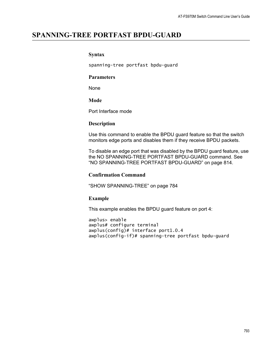 Spanning-tree portfast bpdu-guard | Allied Telesis AT-FS970M Series User Manual | Page 793 / 1938