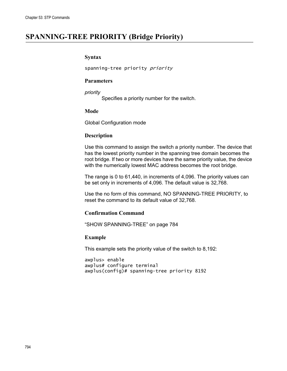 Spanning-tree priority (bridge priority) | Allied Telesis AT-FS970M Series User Manual | Page 794 / 1938