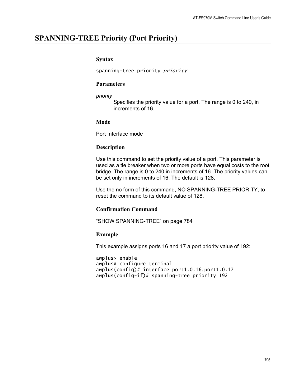 Spanning-tree priority (port priority) | Allied Telesis AT-FS970M Series User Manual | Page 795 / 1938