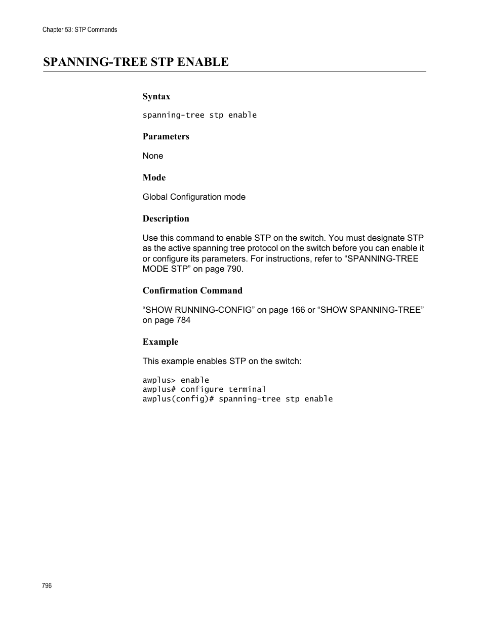 Spanning-tree stp enable | Allied Telesis AT-FS970M Series User Manual | Page 796 / 1938