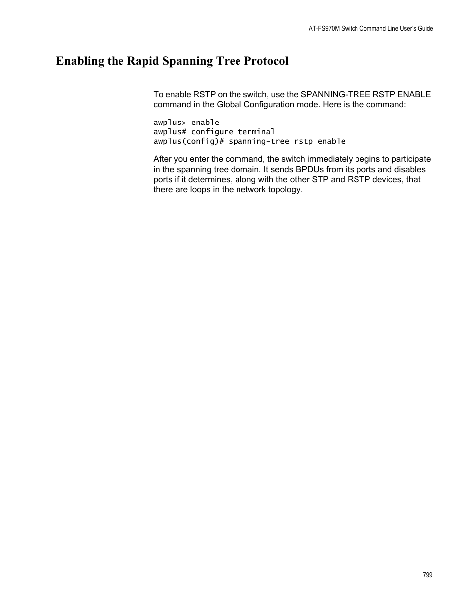 Enabling the rapid spanning tree protocol | Allied Telesis AT-FS970M Series User Manual | Page 799 / 1938