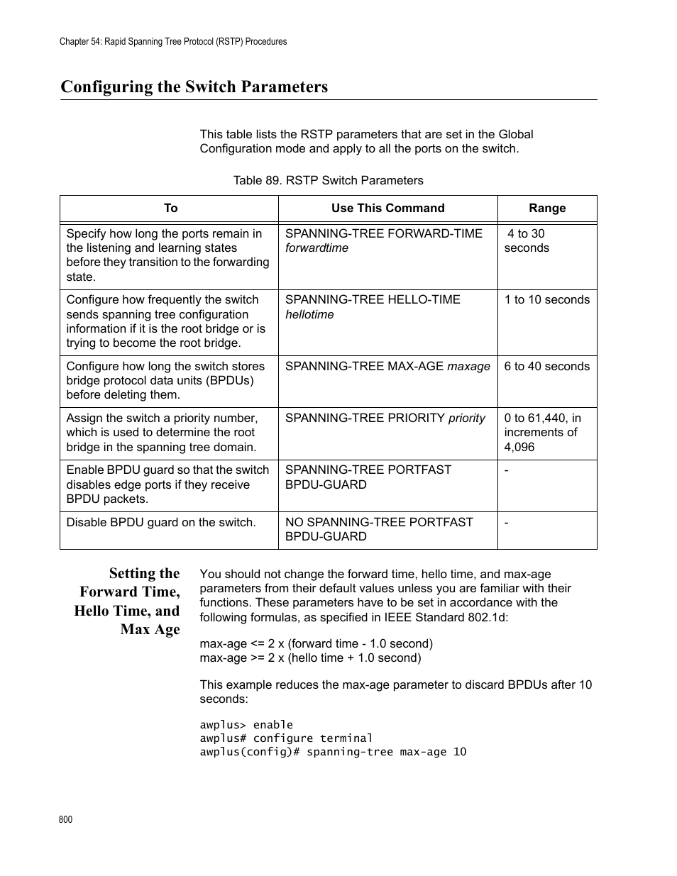 Configuring the switch parameters, Setting the forward time, hello time, and max age, Table 89. rstp switch parameters | Allied Telesis AT-FS970M Series User Manual | Page 800 / 1938