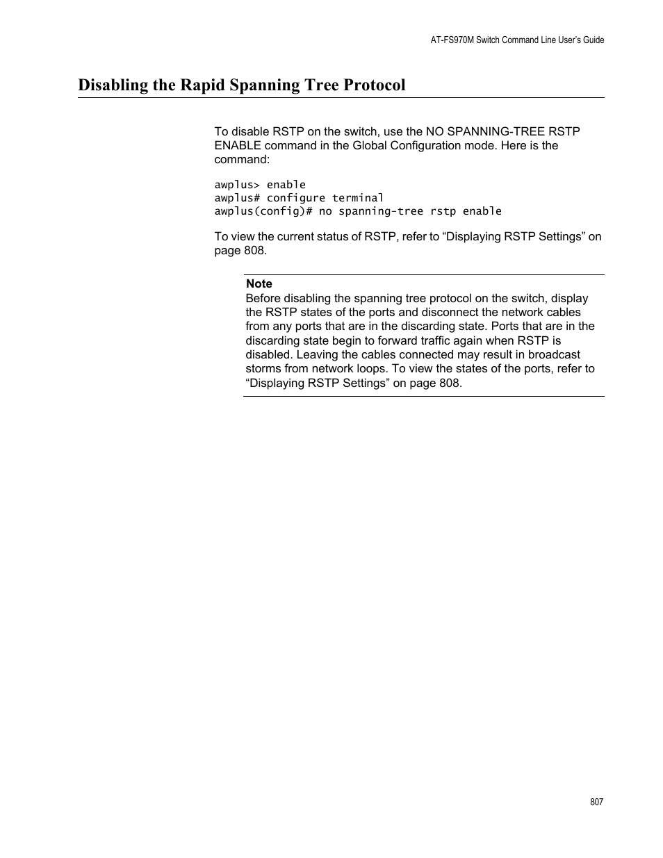 Disabling the rapid spanning tree protocol | Allied Telesis AT-FS970M Series User Manual | Page 807 / 1938