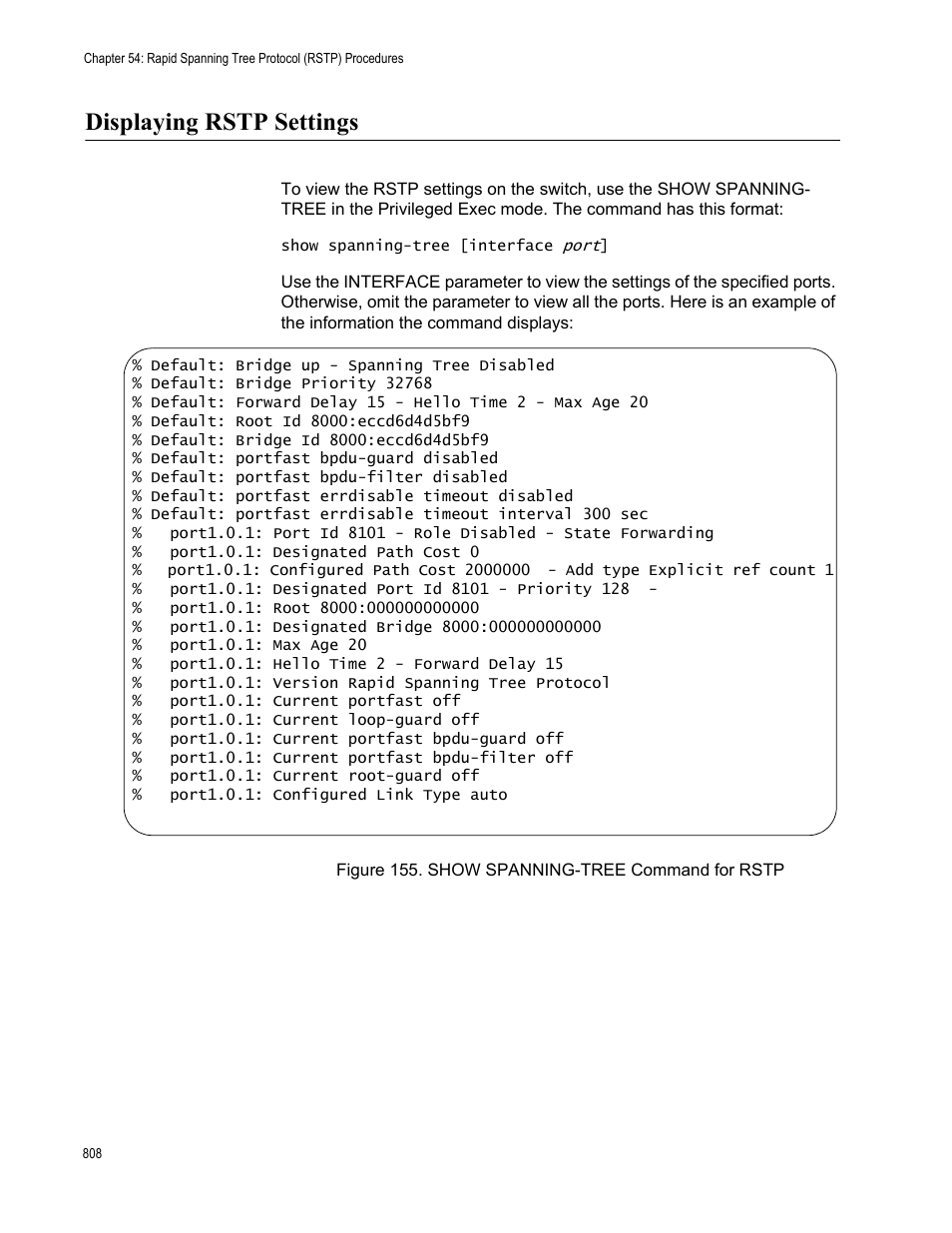 Displaying rstp settings, Figure 155. show spanning-tree command for rstp | Allied Telesis AT-FS970M Series User Manual | Page 808 / 1938