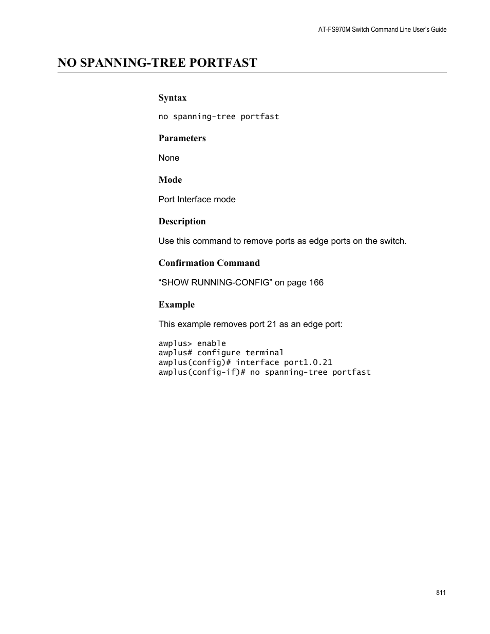 No spanning-tree portfast | Allied Telesis AT-FS970M Series User Manual | Page 811 / 1938