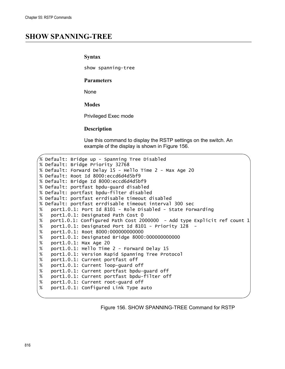 Show spanning-tree, Figure 156. show spanning-tree command for rstp | Allied Telesis AT-FS970M Series User Manual | Page 816 / 1938