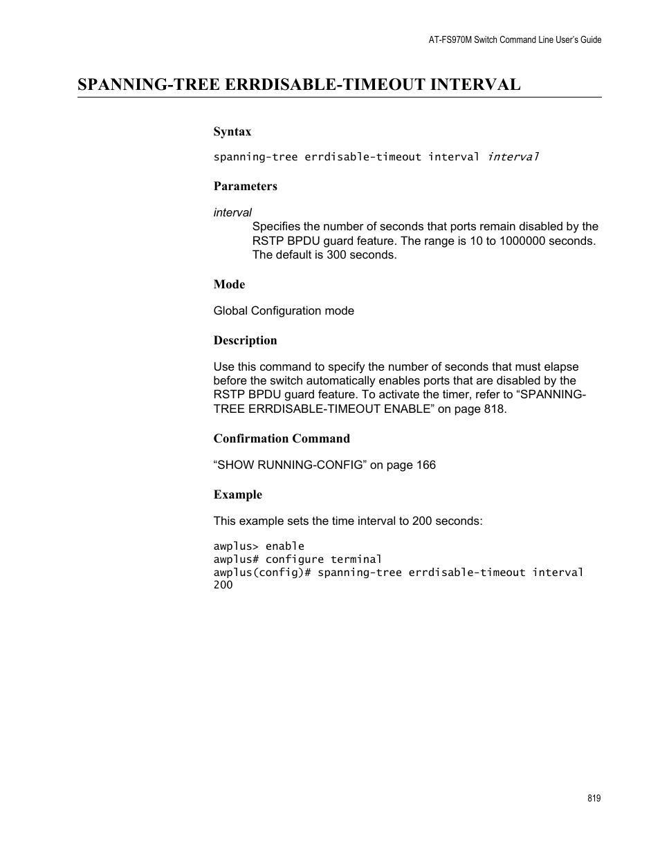 Spanning-tree errdisable-timeout interval | Allied Telesis AT-FS970M Series User Manual | Page 819 / 1938