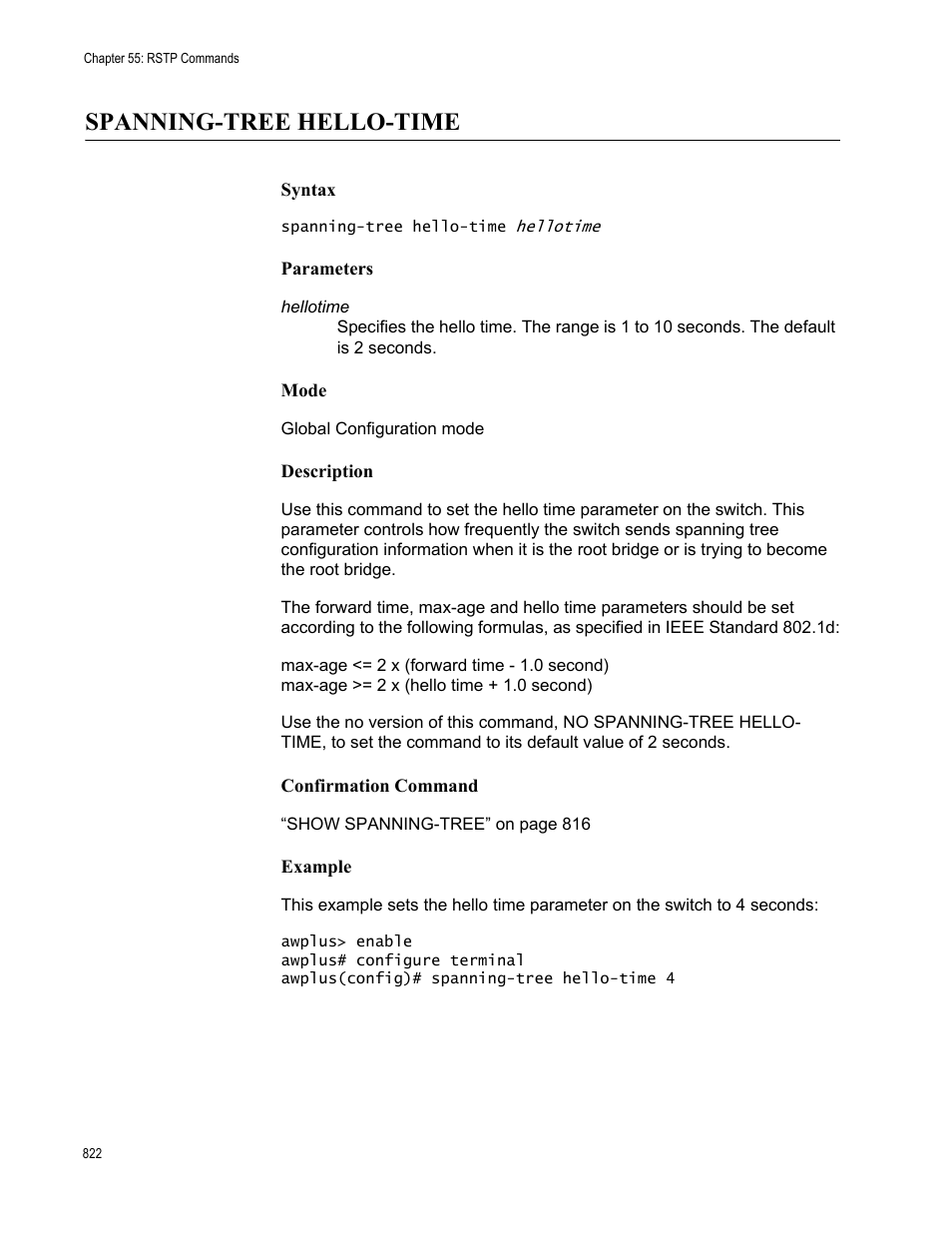 Spanning-tree hello-time | Allied Telesis AT-FS970M Series User Manual | Page 822 / 1938