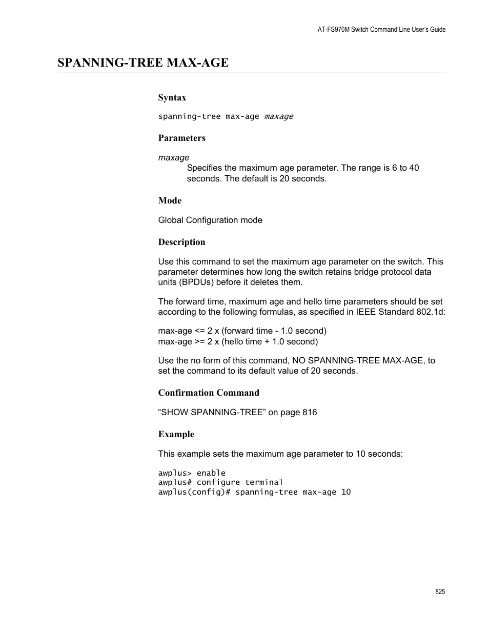 Spanning-tree max-age | Allied Telesis AT-FS970M Series User Manual | Page 825 / 1938