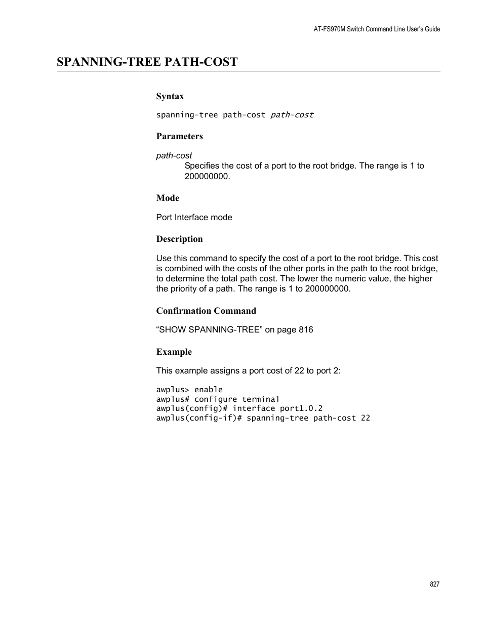 Spanning-tree path-cost | Allied Telesis AT-FS970M Series User Manual | Page 827 / 1938