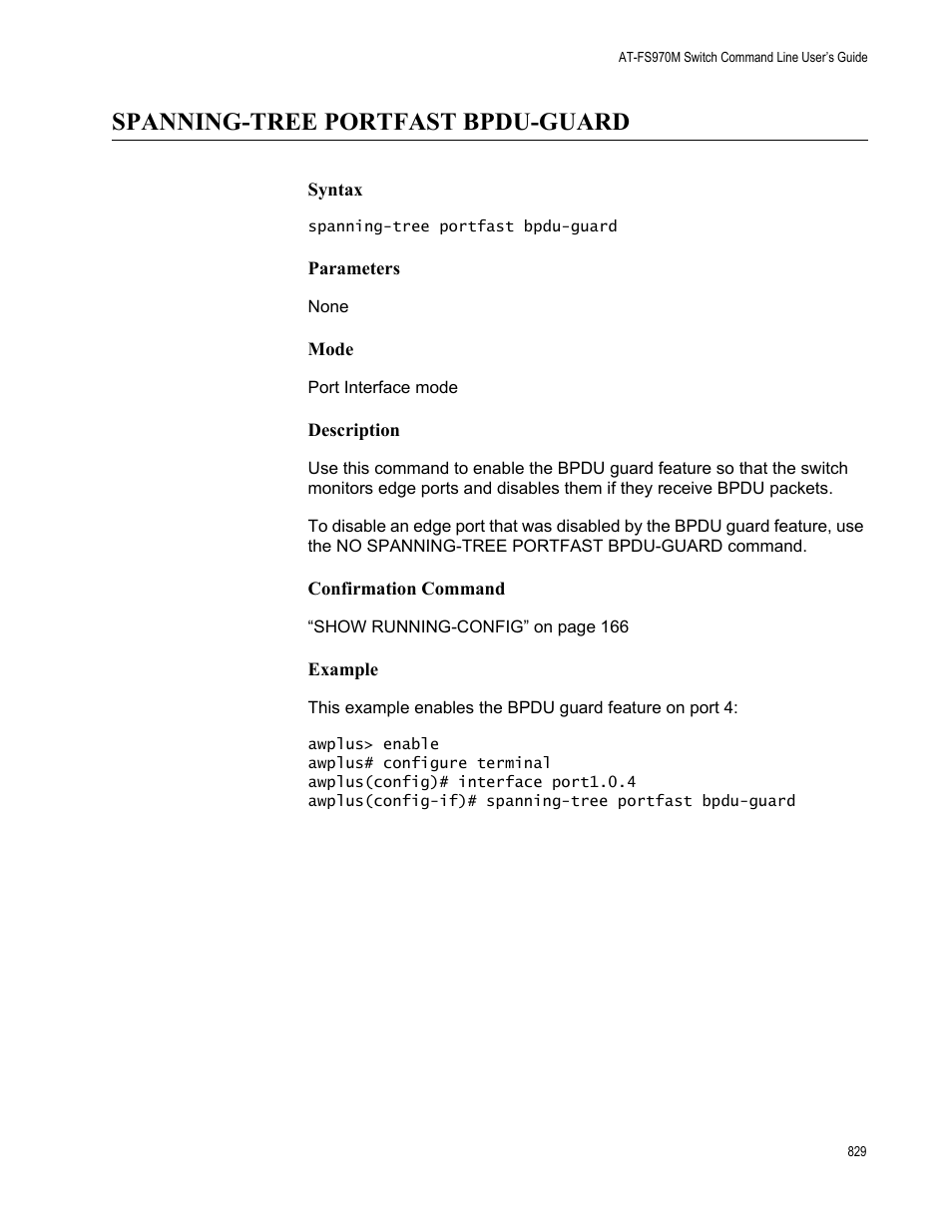 Spanning-tree portfast bpdu-guard | Allied Telesis AT-FS970M Series User Manual | Page 829 / 1938