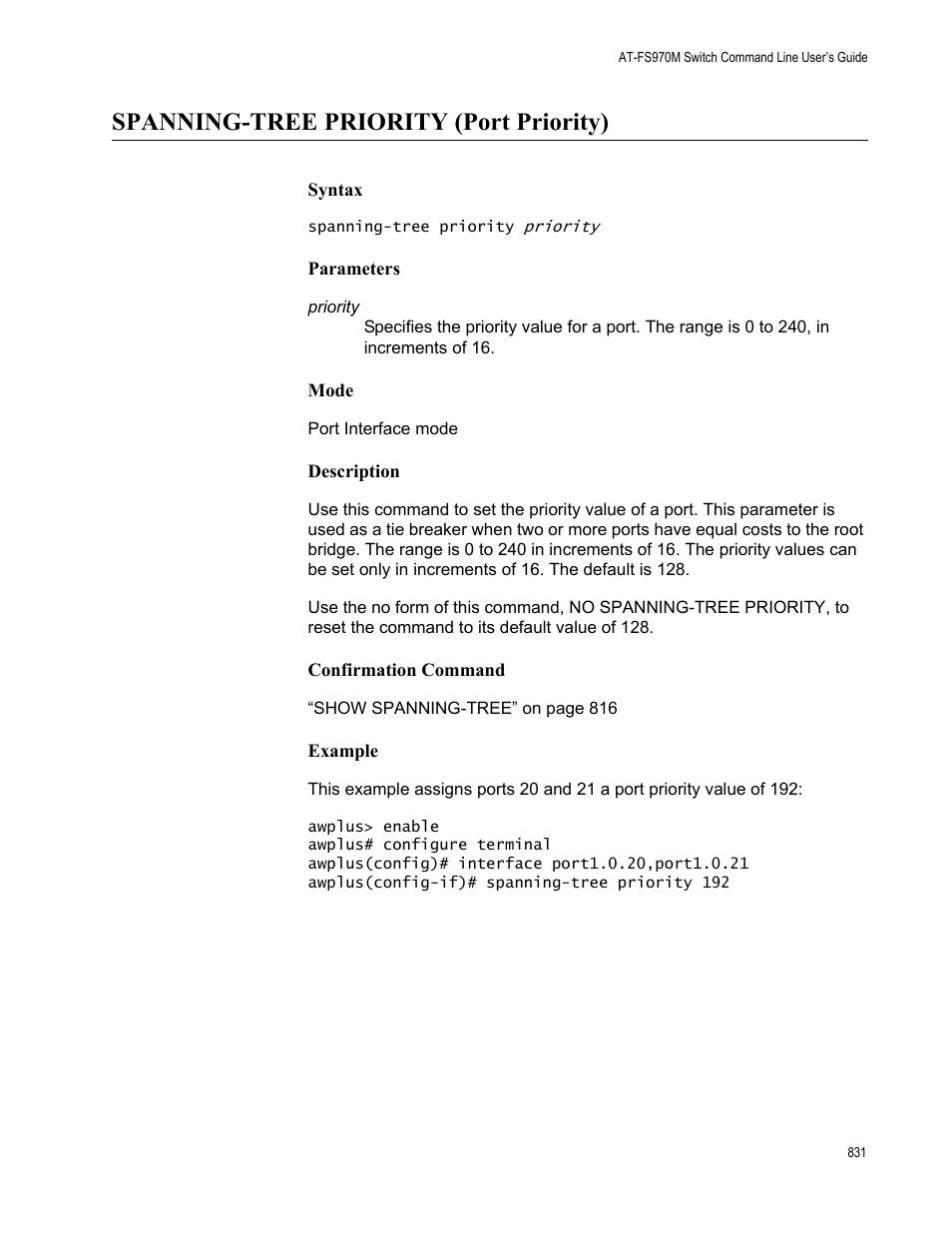 Spanning-tree priority (port priority) | Allied Telesis AT-FS970M Series User Manual | Page 831 / 1938