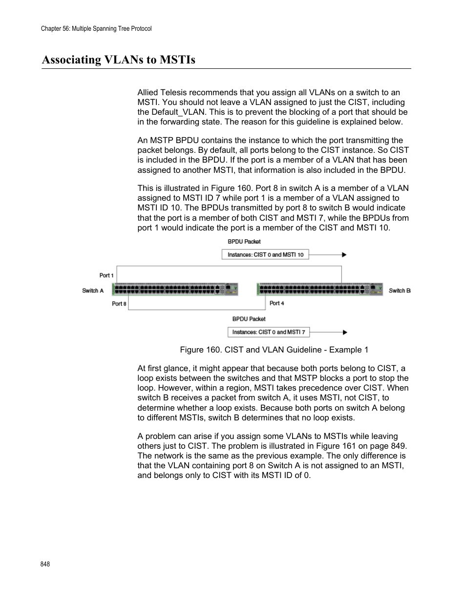Associating vlans to mstis, Figure 160. cist and vlan guideline - example 1 | Allied Telesis AT-FS970M Series User Manual | Page 848 / 1938
