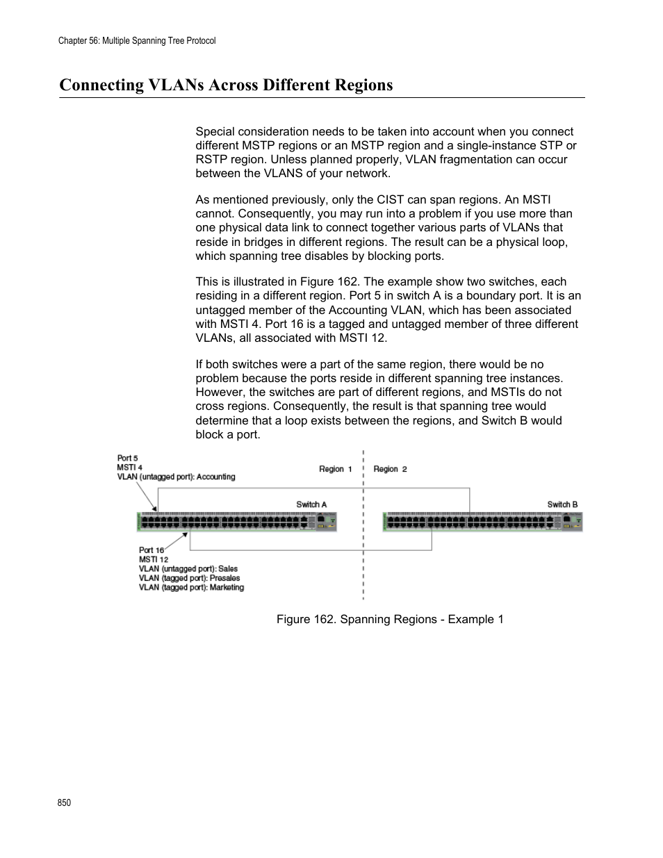 Connecting vlans across different regions, Figure 162. spanning regions - example 1 | Allied Telesis AT-FS970M Series User Manual | Page 850 / 1938