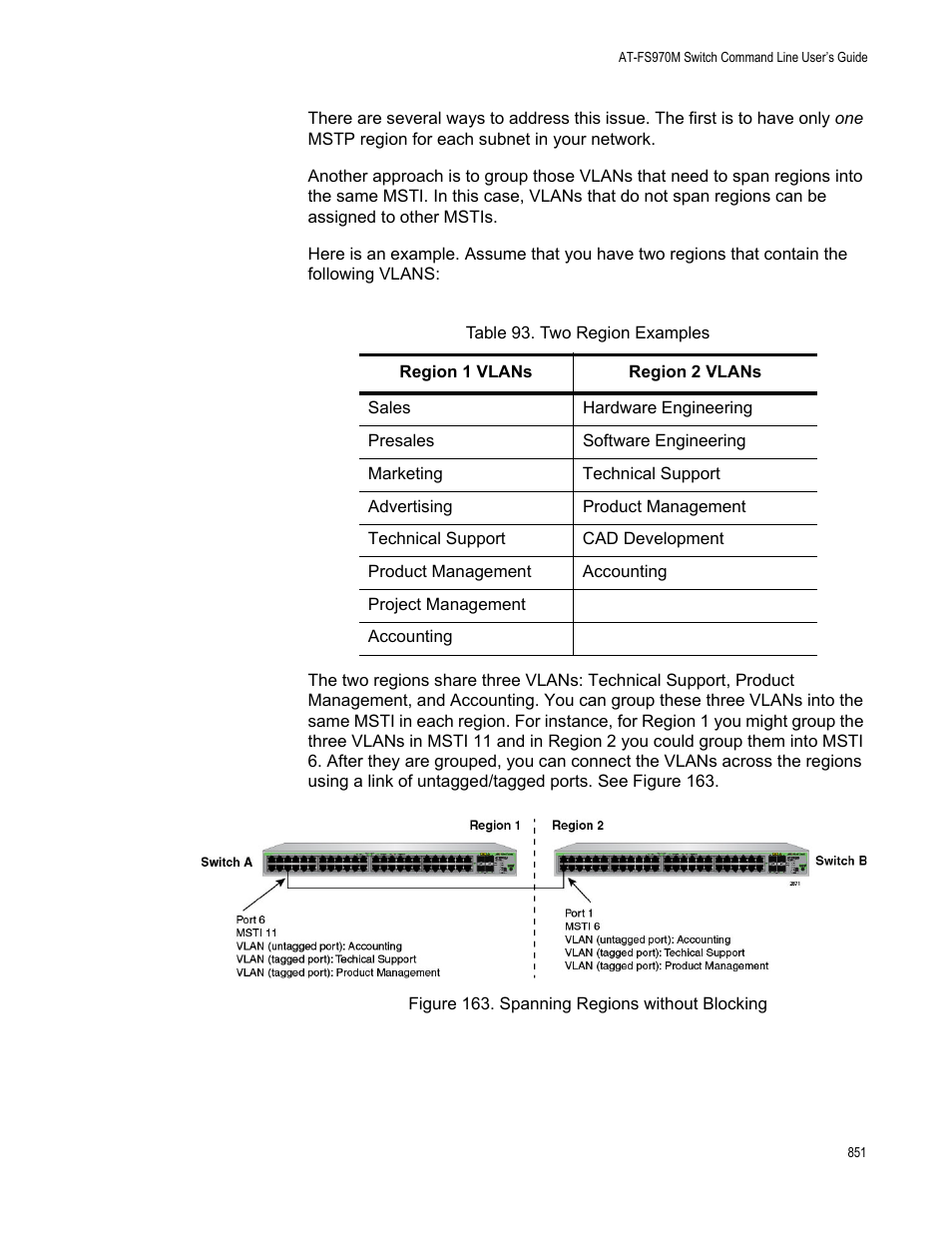 Figure 163. spanning regions without blocking, Table 93. two region examples | Allied Telesis AT-FS970M Series User Manual | Page 851 / 1938