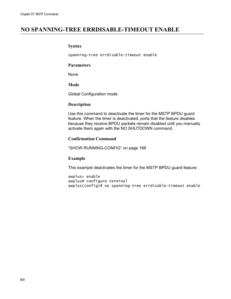 No spanning-tree errdisable-timeout enable | Allied Telesis AT-FS970M Series User Manual | Page 858 / 1938