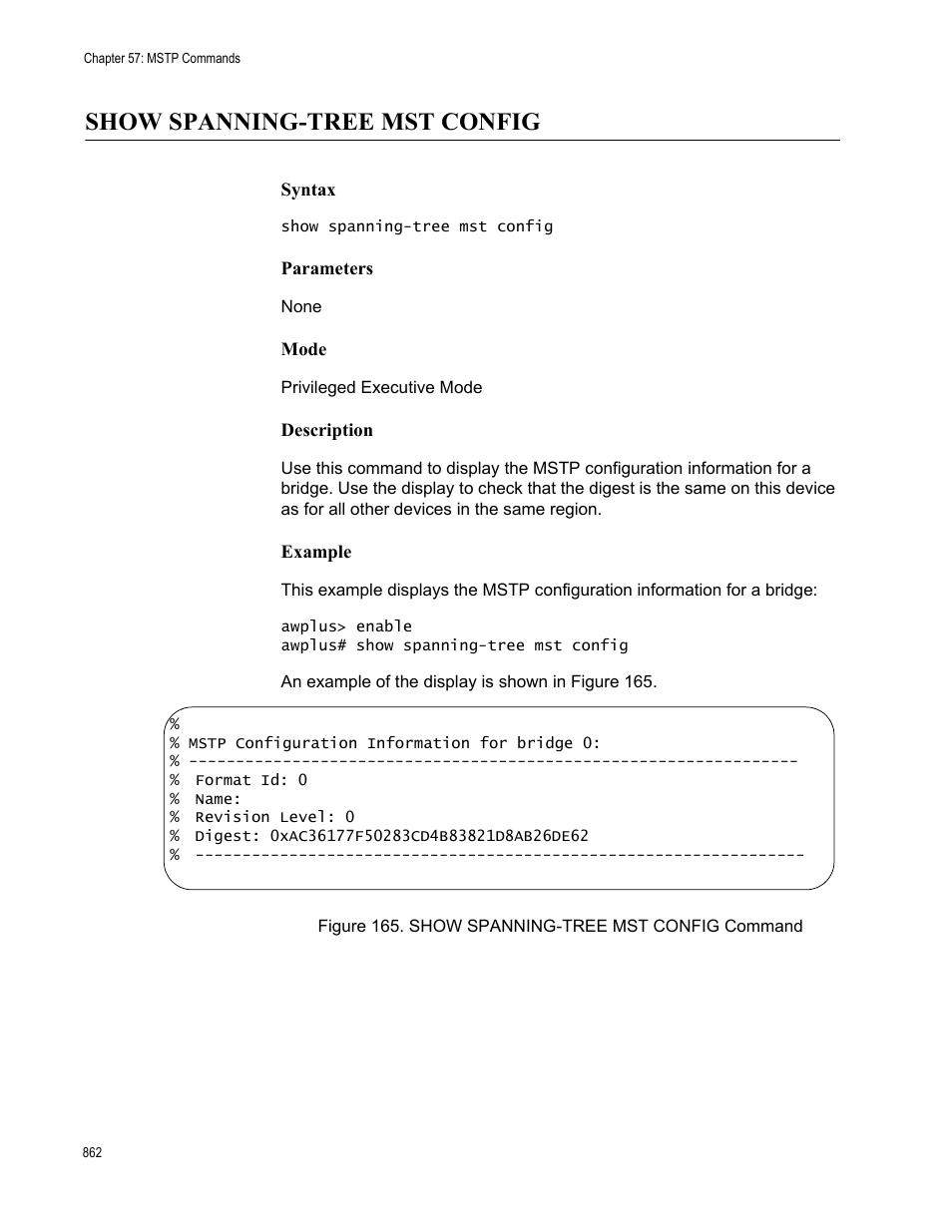 Show spanning-tree mst config, Figure 165. show spanning-tree mst config command | Allied Telesis AT-FS970M Series User Manual | Page 862 / 1938