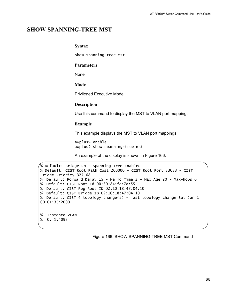 Show spanning-tree mst, Figure 166. show spanning-tree mst command | Allied Telesis AT-FS970M Series User Manual | Page 863 / 1938
