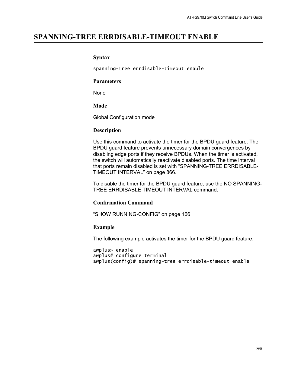 Spanning-tree errdisable-timeout enable | Allied Telesis AT-FS970M Series User Manual | Page 865 / 1938