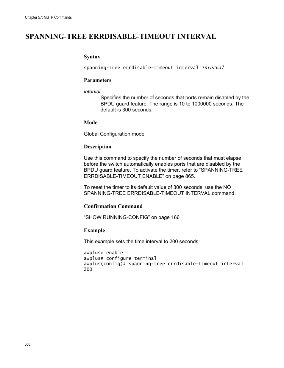 Spanning-tree errdisable-timeout interval | Allied Telesis AT-FS970M Series User Manual | Page 866 / 1938