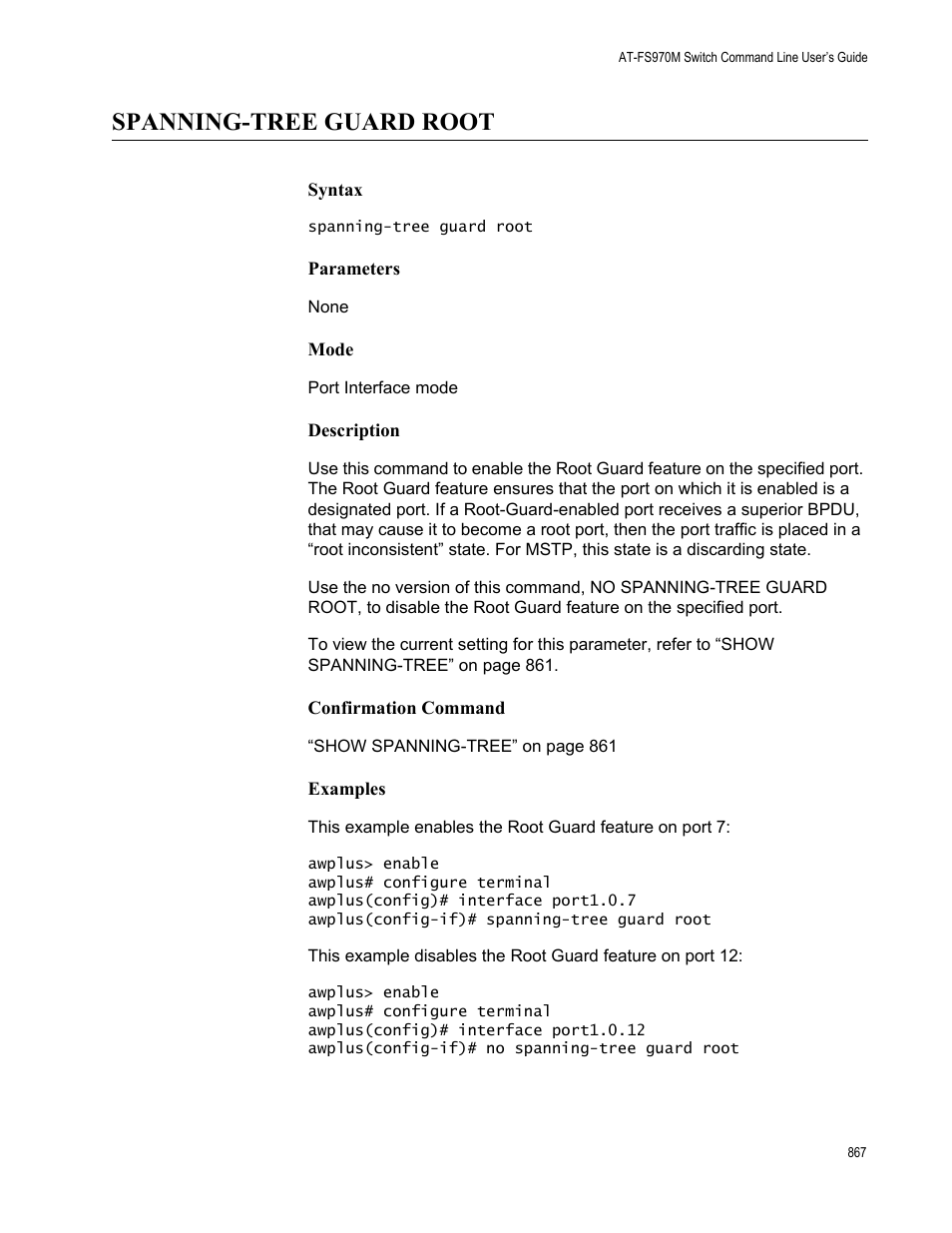 Spanning-tree guard root | Allied Telesis AT-FS970M Series User Manual | Page 867 / 1938