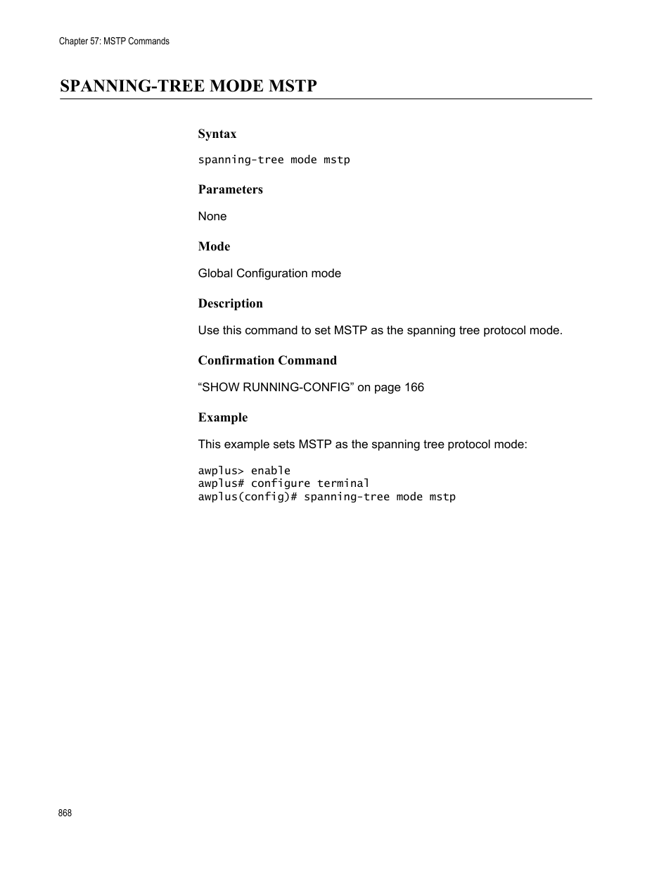 Spanning-tree mode mstp | Allied Telesis AT-FS970M Series User Manual | Page 868 / 1938