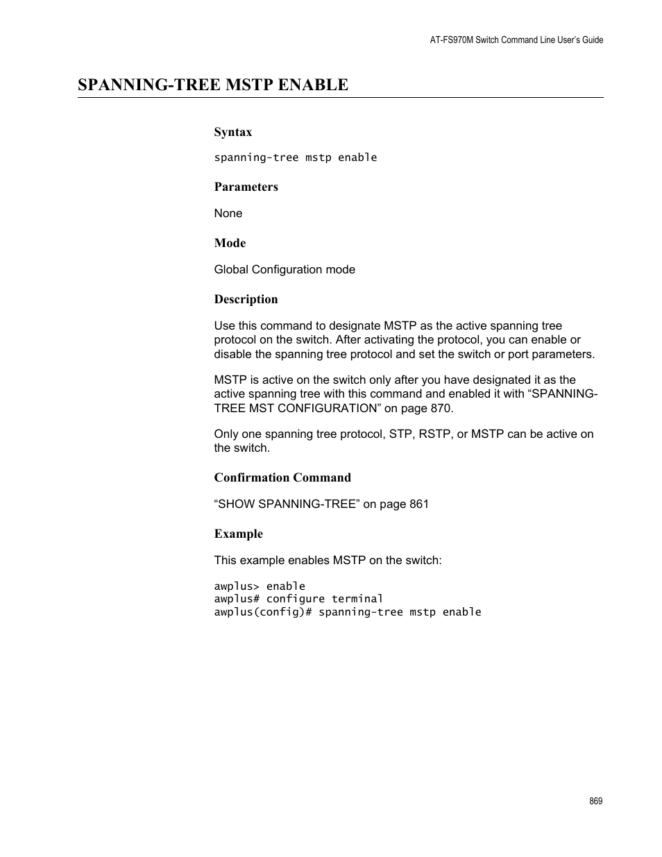 Spanning-tree mstp enable | Allied Telesis AT-FS970M Series User Manual | Page 869 / 1938