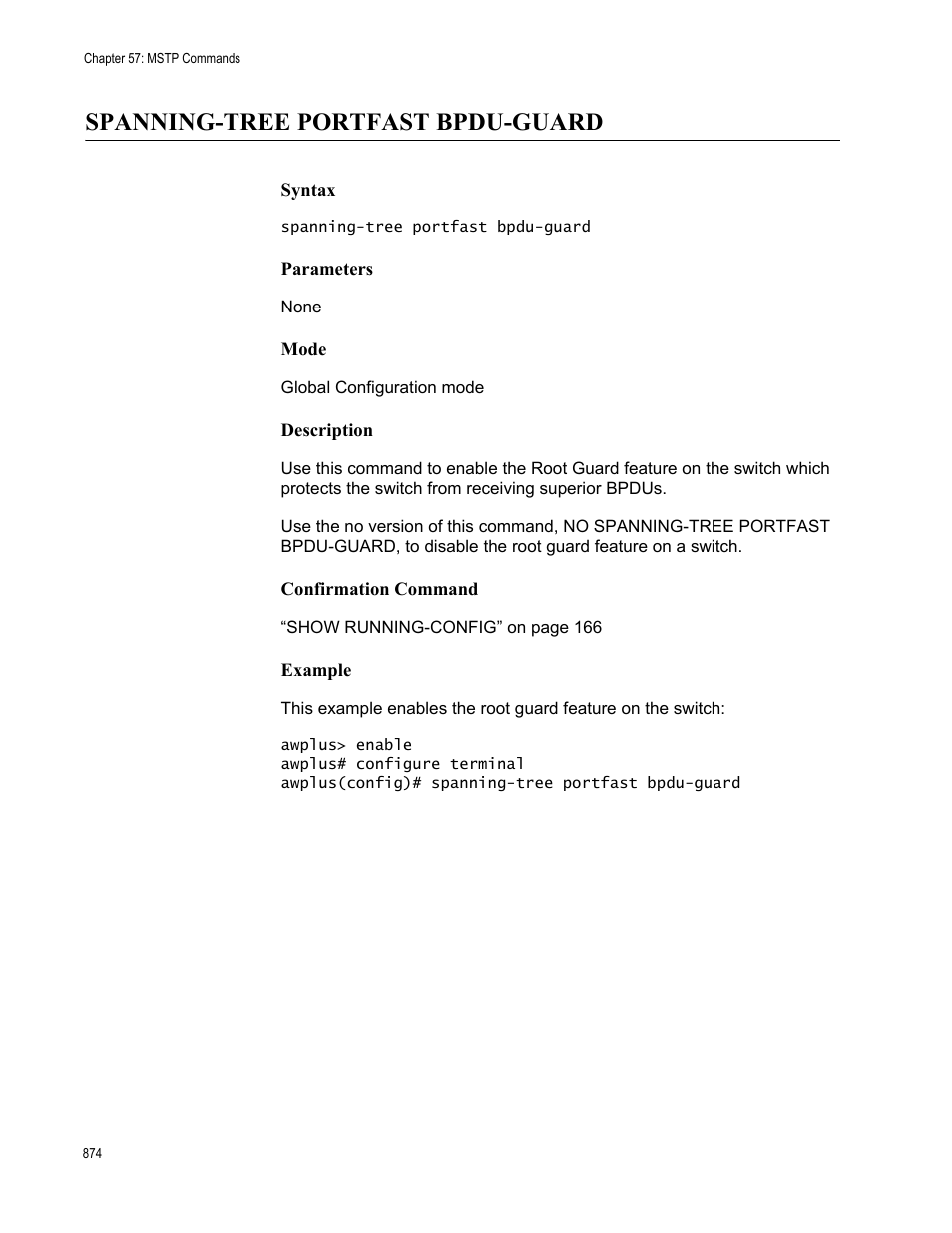 Spanning-tree portfast bpdu-guard | Allied Telesis AT-FS970M Series User Manual | Page 874 / 1938