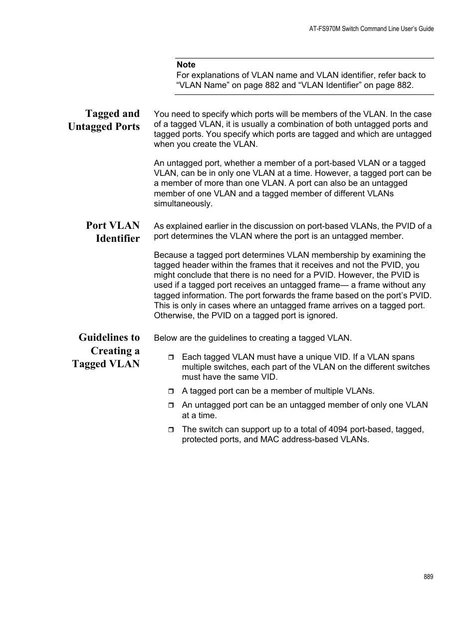 Tagged and untagged ports, Port vlan identifier, Guidelines to creating a tagged vlan | Allied Telesis AT-FS970M Series User Manual | Page 889 / 1938