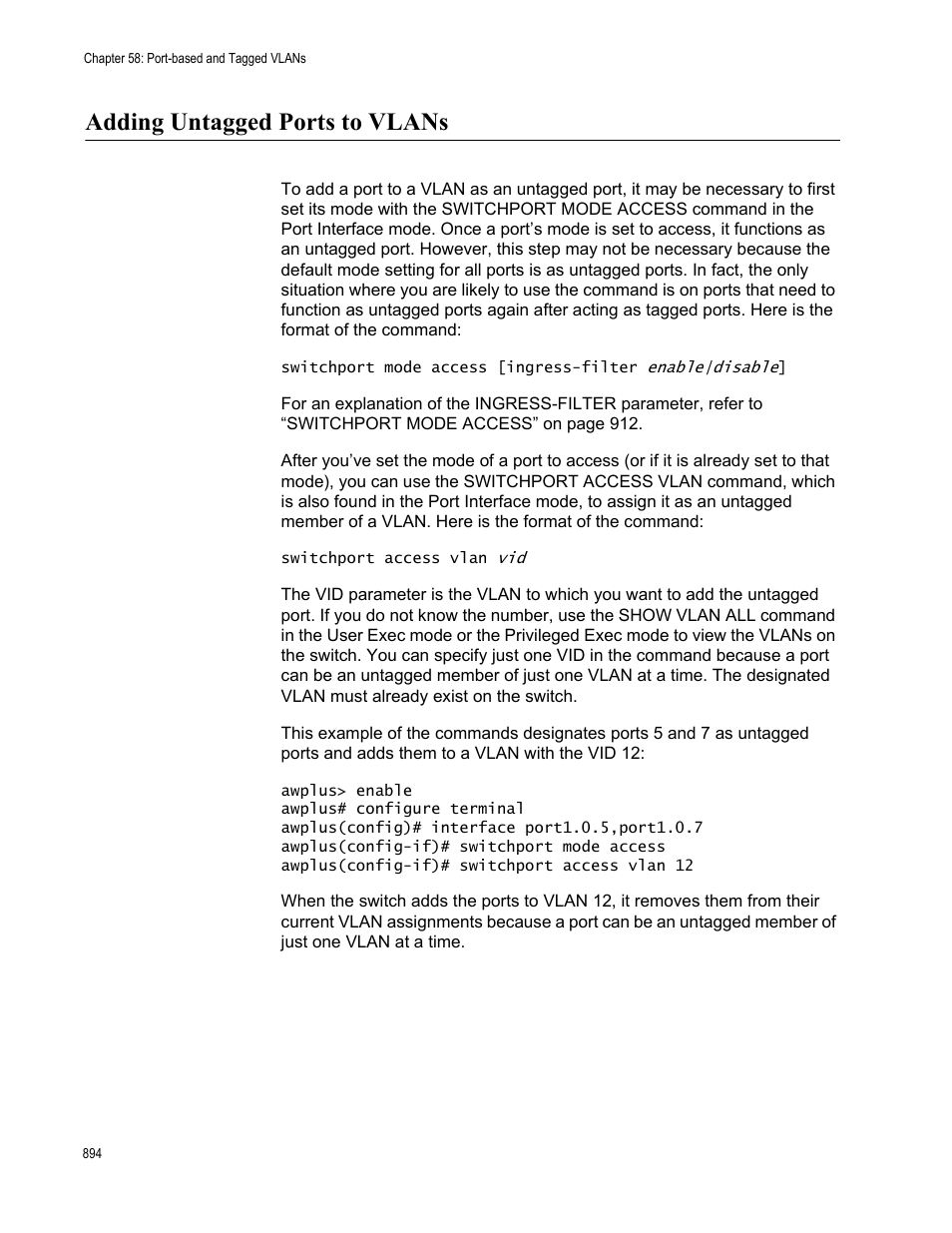 Adding untagged ports to vlans | Allied Telesis AT-FS970M Series User Manual | Page 894 / 1938
