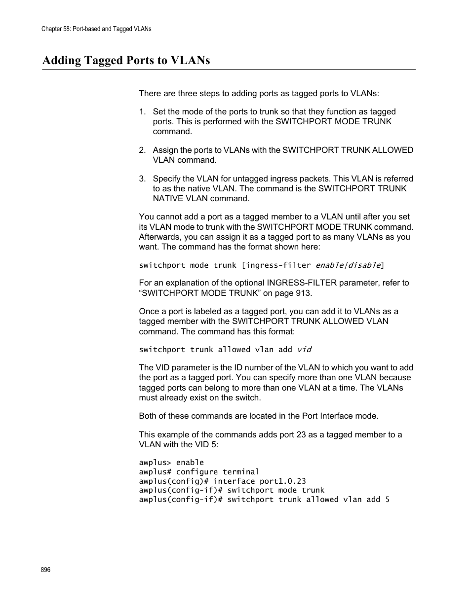 Adding tagged ports to vlans | Allied Telesis AT-FS970M Series User Manual | Page 896 / 1938