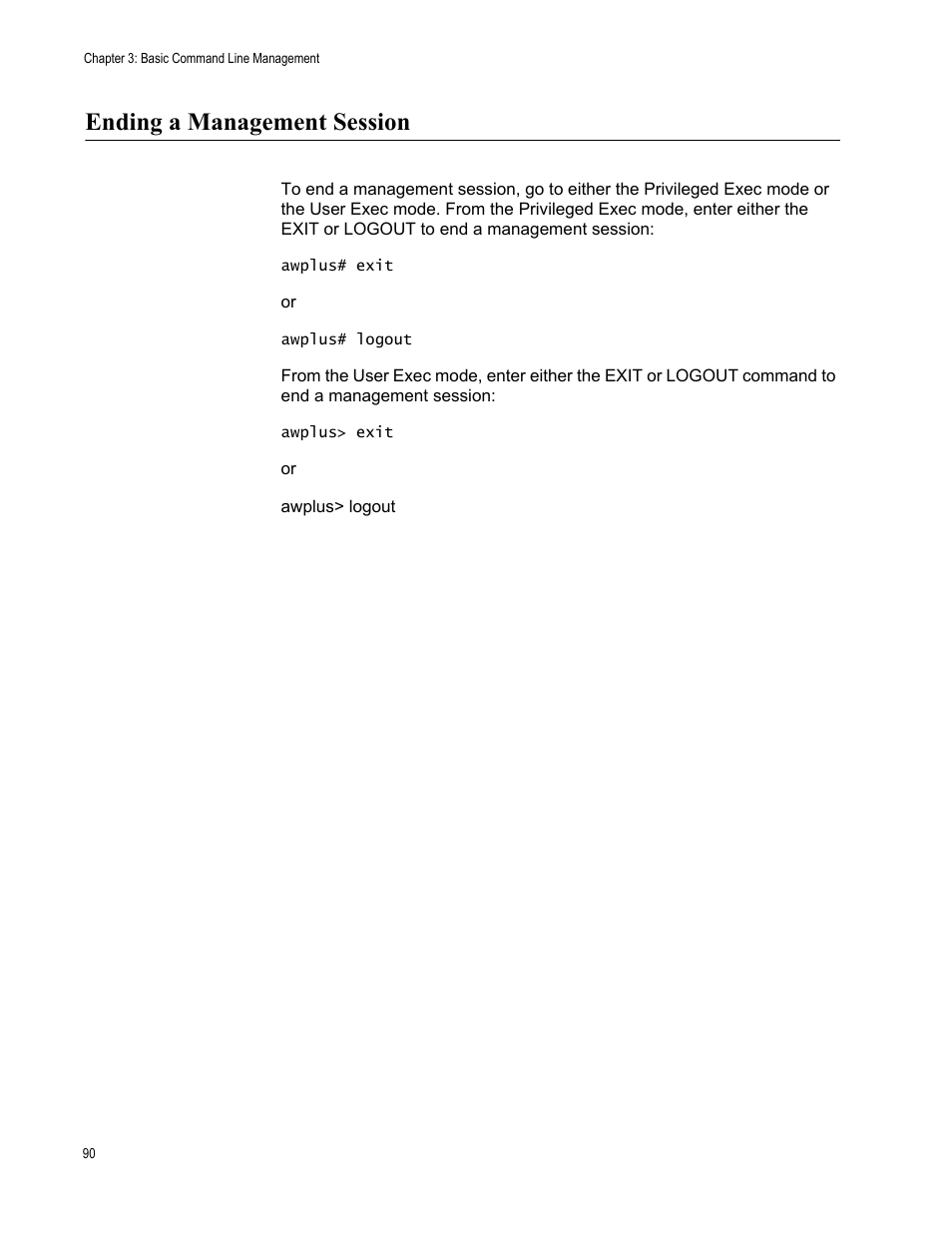 Ending a management session | Allied Telesis AT-FS970M Series User Manual | Page 90 / 1938