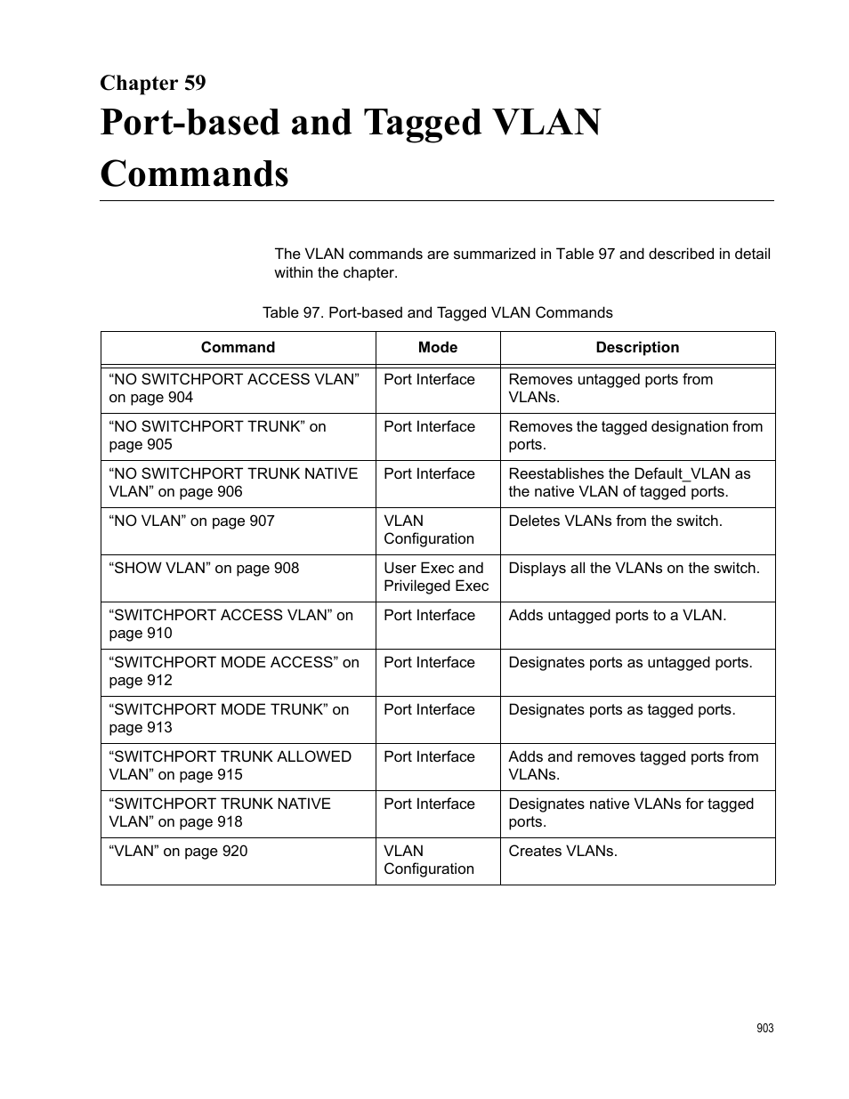 Chapter 59, Port-based and tagged vlan commands, Table 97. port-based and tagged vlan commands | Allied Telesis AT-FS970M Series User Manual | Page 903 / 1938