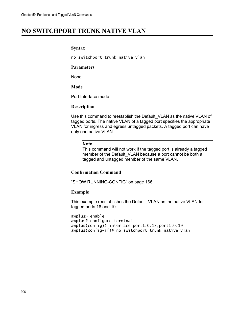 No switchport trunk native vlan | Allied Telesis AT-FS970M Series User Manual | Page 906 / 1938