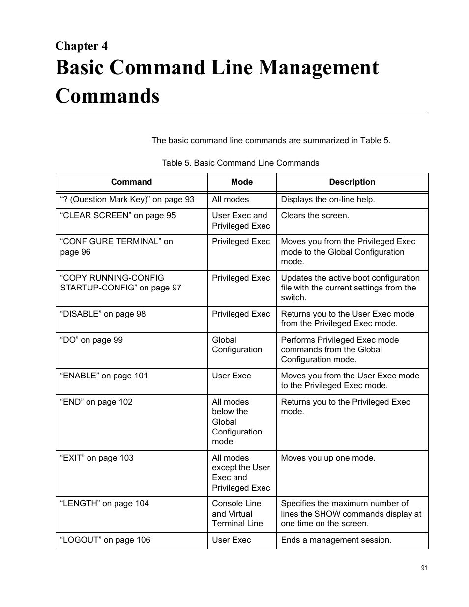 Chapter 4, Basic command line management commands, Table 5. basic command line commands | Allied Telesis AT-FS970M Series User Manual | Page 91 / 1938